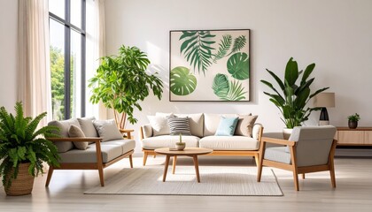 Modern Living Room Interior Design with Wooden Furniture and Tropical Plants