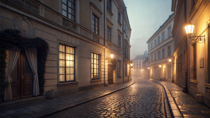 Obraz premium Eerily beautiful and romantic street scene with fog and glowing streetlights at dusk