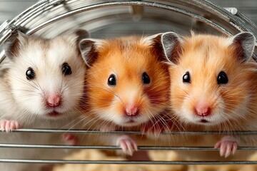 A metal exercise wheel is used to relax three Syrian hamsters. A close-up of adorable rats. Cute pets take a seat in wheels. Generative Ai