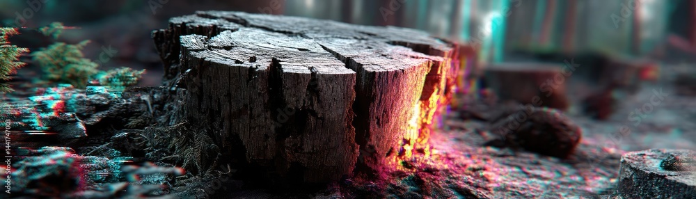 Poster tree stump symbolizing habitat loss due to illegal logging concept. a vibrant scene showing a glowin