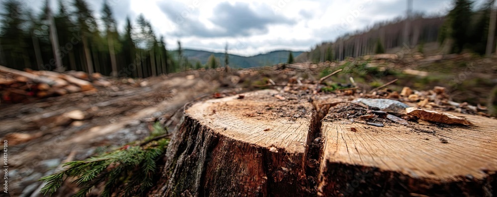 Poster tree stump showing impact of climate change and deforestation concept. close-up of a tree stump in a