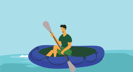illustration of a sportsman in a raft on a river, holding a paddle, symbolizing adventure, water sports, and outdoor exploration in a dynamic and action-packed scene