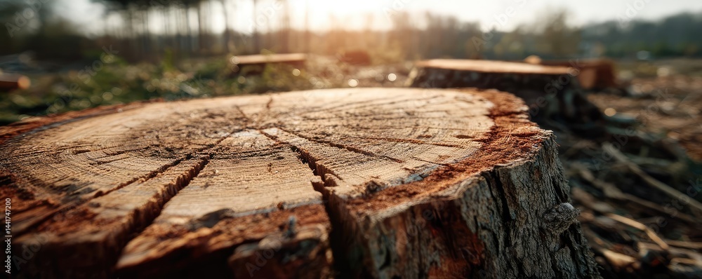 Poster tree stump showing impact of climate change and deforestation concept. close-up of a tree stump unde