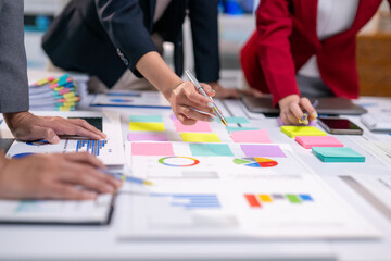 A group of people are working on a project and writing on a white board
