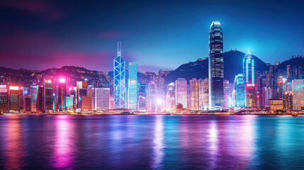 Fototapeta premium A vibrant, futuristic metropolis pulsates with neon lights, reflecting in the shimmering waters of a vast ocean, its towering skyscrapers piercing the night sky. A bustling city street unfolds 