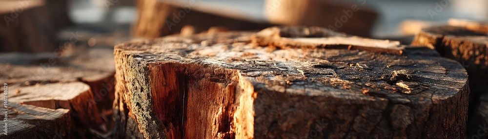 Poster tree stump symbolizing habitat loss due to illegal logging concept. close-up view of wood logs showc