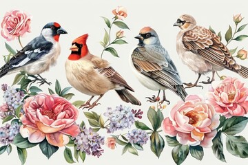 Fototapeta premium Four colorful birds perched amidst blooming pink, peach, and purple flowers and green leaves, creating a serene and natural garden scene