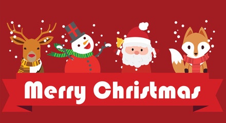 Flat design illustration of cheerful characters celebrating Christmas festival, including people in festive outfits, Santa hats, and winter clothes, spreading holiday joy in a playful seasonal scene.