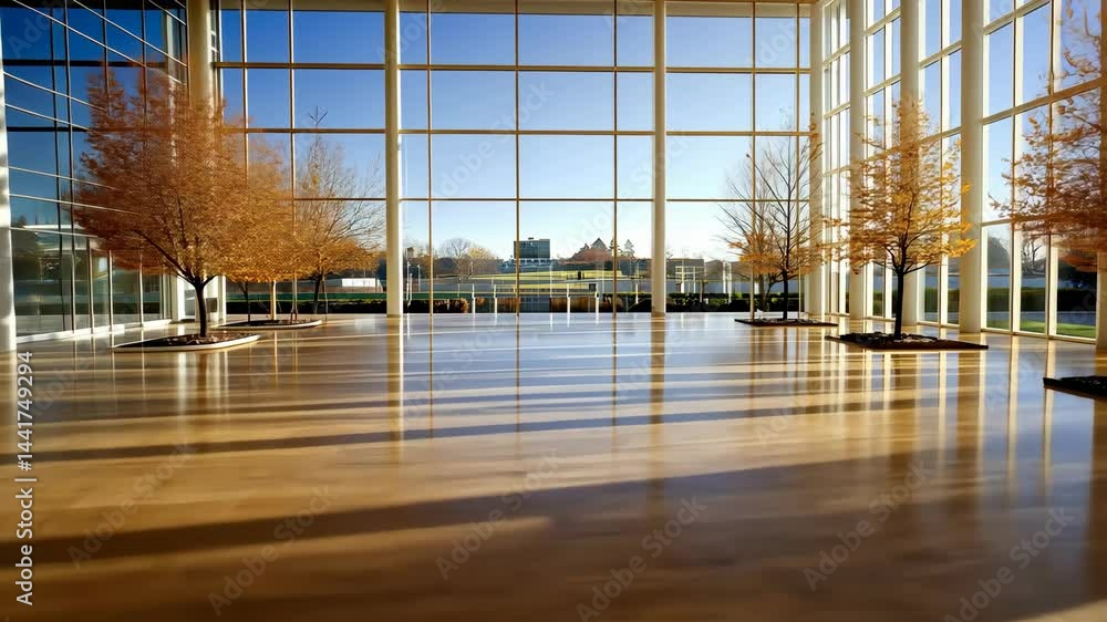 Poster large empty hall with trees and sunlight streaming in