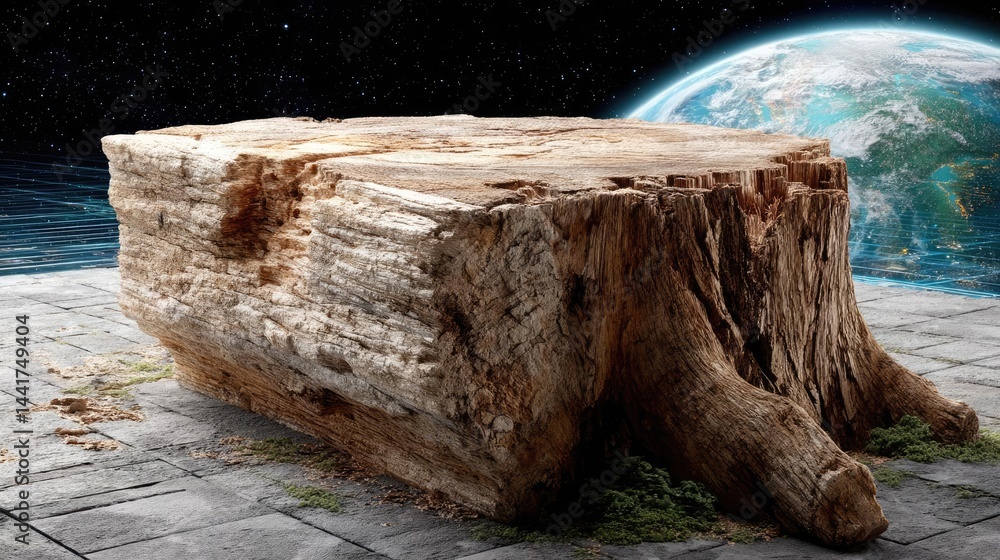 Poster tree stump showing impact of climate change and deforestation concept. a large tree stump in a surre