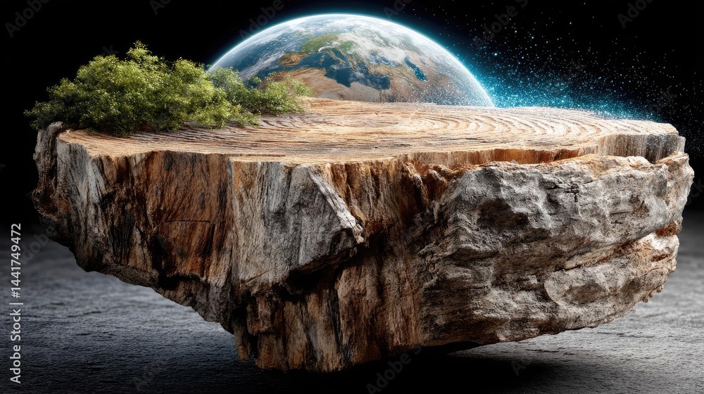 Poster tree stump showing impact of climate change and deforestation concept. a floating log with a tree an