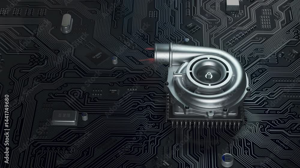 Poster CPU turbocharger with fire flame on computer motherboard. Processor overclocking