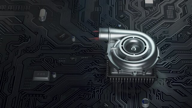 CPU turbocharger with fire flame on computer motherboard. Processor overclocking