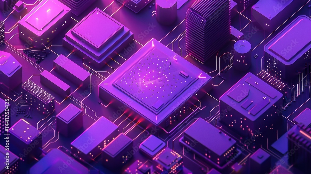 Poster close-up view of a futuristic glowing purple circuit board with various rectangular and square elect