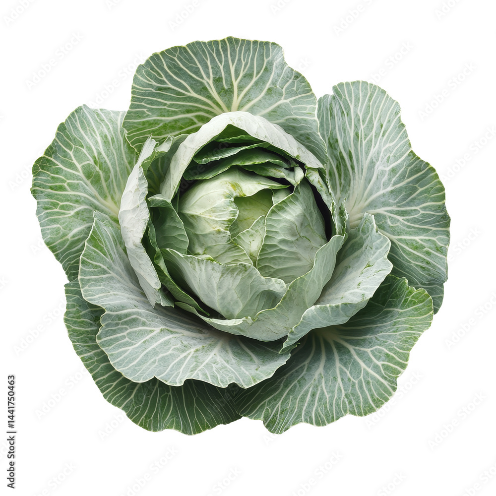 Poster fresh green cabbage isolated on a transparent background showcasing its vibrant leaves and intricate