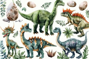Fototapeta premium Colorful cartoon dinosaurs surrounded by plants and large dinosaur eggs with a friendly and playful atmosphere