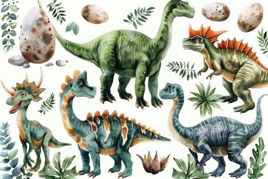 Colorful cartoon dinosaurs surrounded by plants and large dinosaur eggs with a friendly and playful atmosphere