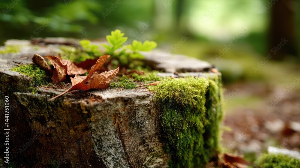 Poster tree stump symbolizing habitat loss due to illegal logging concept. a close-up of a mossy tree stump
