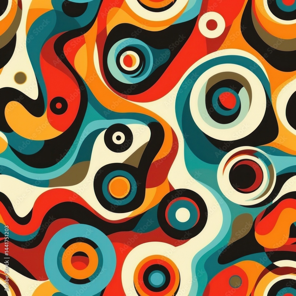 Poster Colorful abstract composition with swirling shapes and concentric circles in shades of orange, teal, black, cream, and red creating a dynamic and energetic pattern
