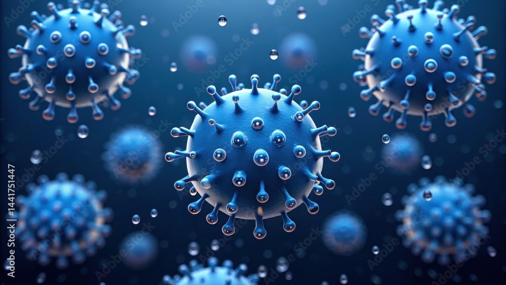Poster pm2.5 particles. microscopic view of blue viruses surrounded by droplets on a dark background.