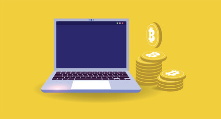 Flat-style illustration showing a laptop screen with charts and digital cryptocurrency coins like Bitcoin and Ethereum, symbolizing online trading, blockchain, and digital finance.