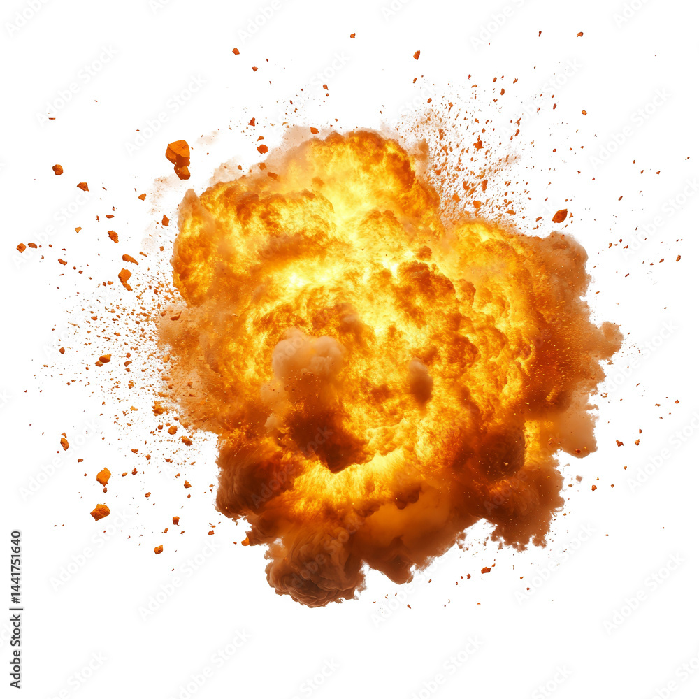 Poster isolated fire explosion with bright flames and debris on a transparent background during a controlle