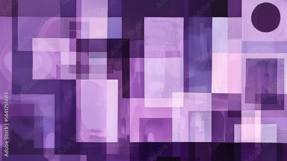 Poster Abstract composition of overlapping translucent rectangles and squares in varying shades of purple evoking a calm and contemplative mood