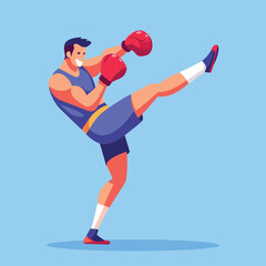 man boxing. male fighter in boxing gloves practices kick, punching and hitting. Strong  athlete at sports training or workout. Flat vector illustration isolated on background