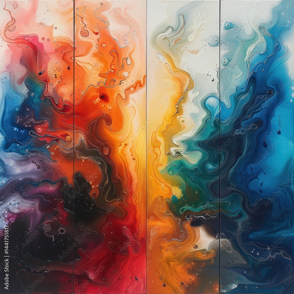 Poster abstract fluid painting with dynamic swirling patterns in warm reds, oranges, and yellows blending i
