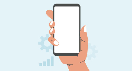 Flat design illustration of a hand holding a smartphone, screen facing forward, representing mobile technology, communication, connectivity, and modern digital interaction on a solid background.