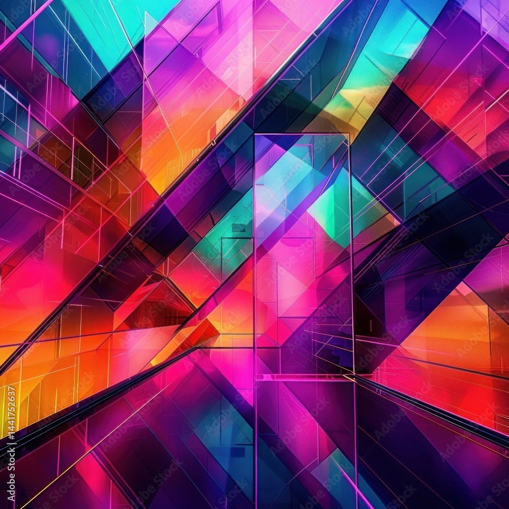Leinwandbilder vibrant abstract urban scene with overlapping glass panels and staircases in bright neon colors crea