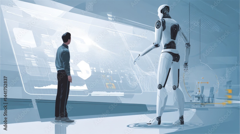 Poster A robot and a man working together in a futuristic office setting highlighting ai integration in business operations
