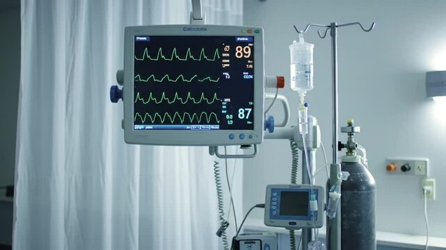 Hospital Room Monitoring Equipment Displaying Vital Signs and IV Drip in a Clinical Setting