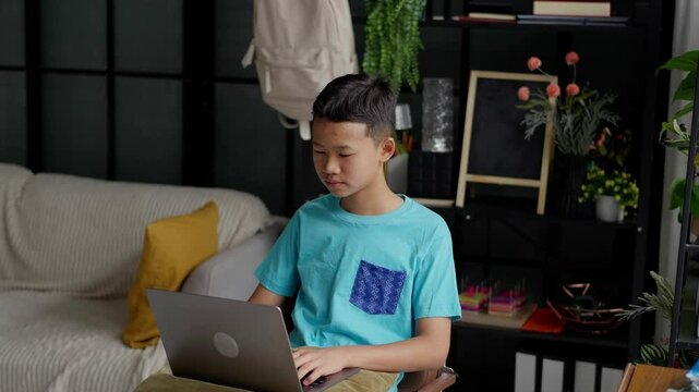 Asian boy studies online on laptop at home