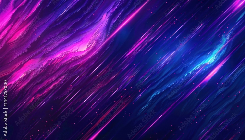 Poster abstract vibrant flowing streaks of pink and blue light with glowing dynamic textures and scattered 