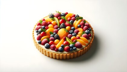 A high-resolution image of a fresh fruit pie with vibrant fruit arrangement over creamy custard, isolated on a clean white background, ideal for professional dessert marketing.