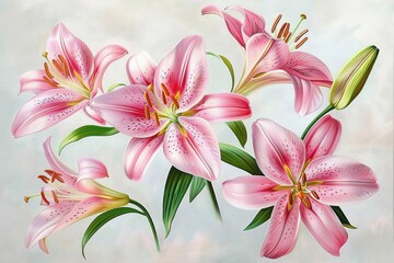 Beautiful cluster of blooming pink lilies with green leaves and unopened buds against a light soft background, evoking elegance and natural freshness