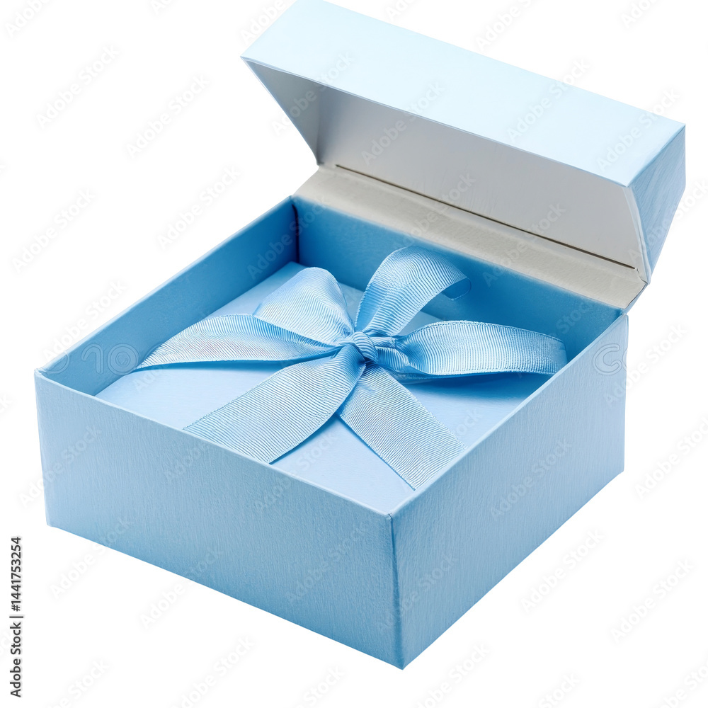 Poster a blue open gift box with ribbon displayed on a transparent background for special occasions, blue o