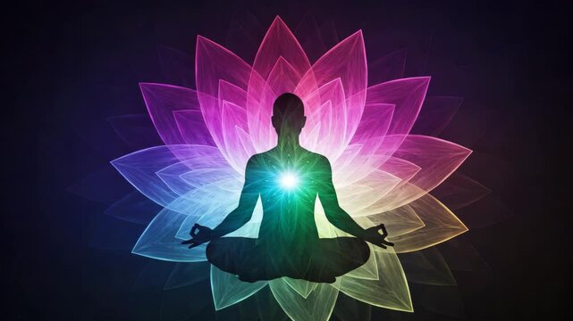 Silhouette meditating with colorful lotus background  