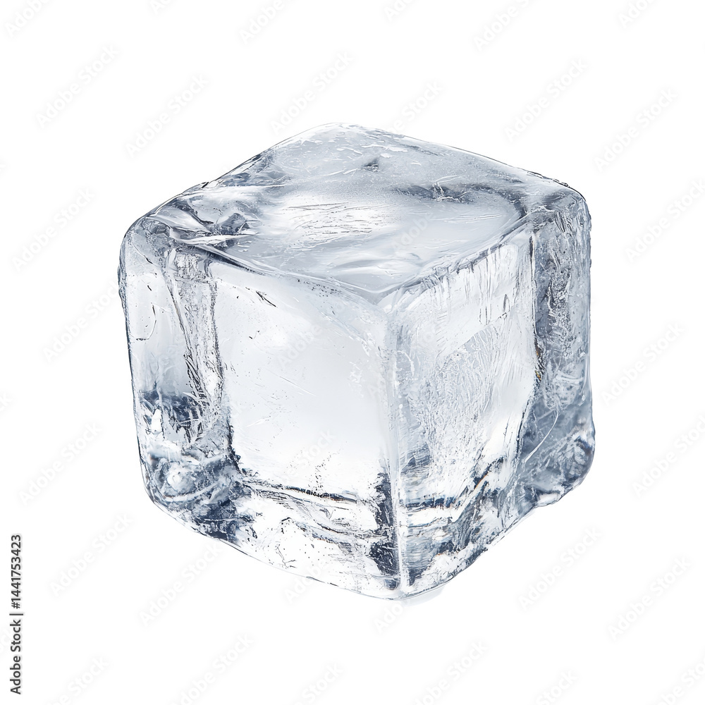 Poster a single ice cube resting on a clean transparent background shines under bright lighting, single ice