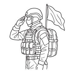 Soldier Saluting with Flag Outline