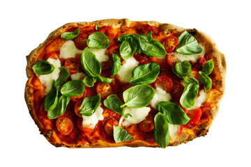 Pinsa Romana topped with basil, tomatoes, and mozzarella, top view, isolated 