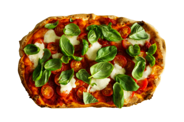 Pinsa Romana topped with basil, tomatoes, and mozzarella, top view, isolated 