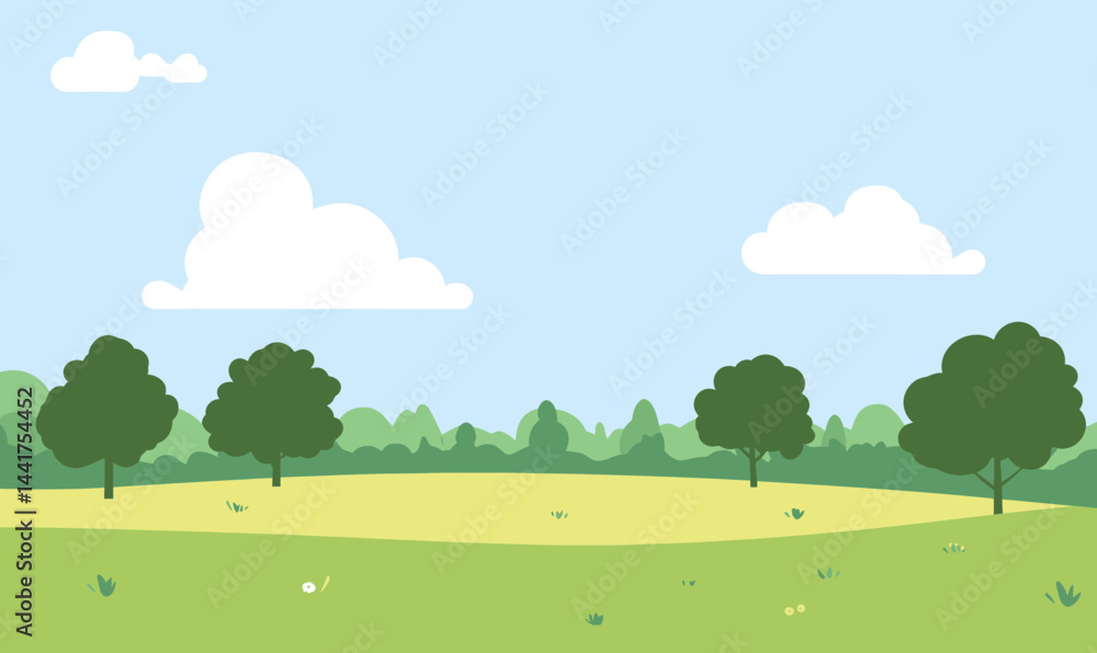 Poster whimsical green field with trees and fluffy clouds in minimalist svg vector art