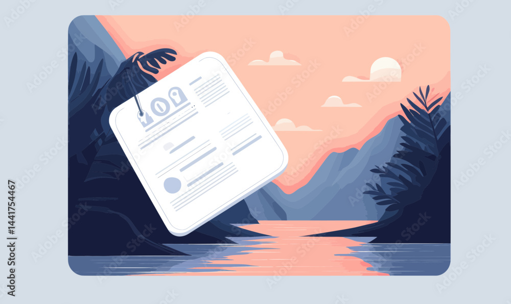 Poster digital document floating over serene landscape in minimalist vector style