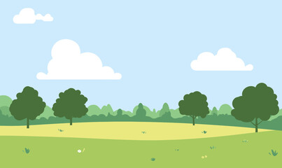 Fototapeta premium Whimsical Green Field with Trees and Fluffy Clouds in Minimalist SVG Vector Art