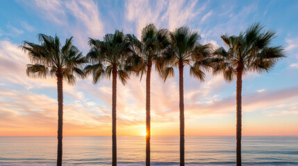 Breathtaking sunset over ocean with palm trees silhouetted against colorful sky