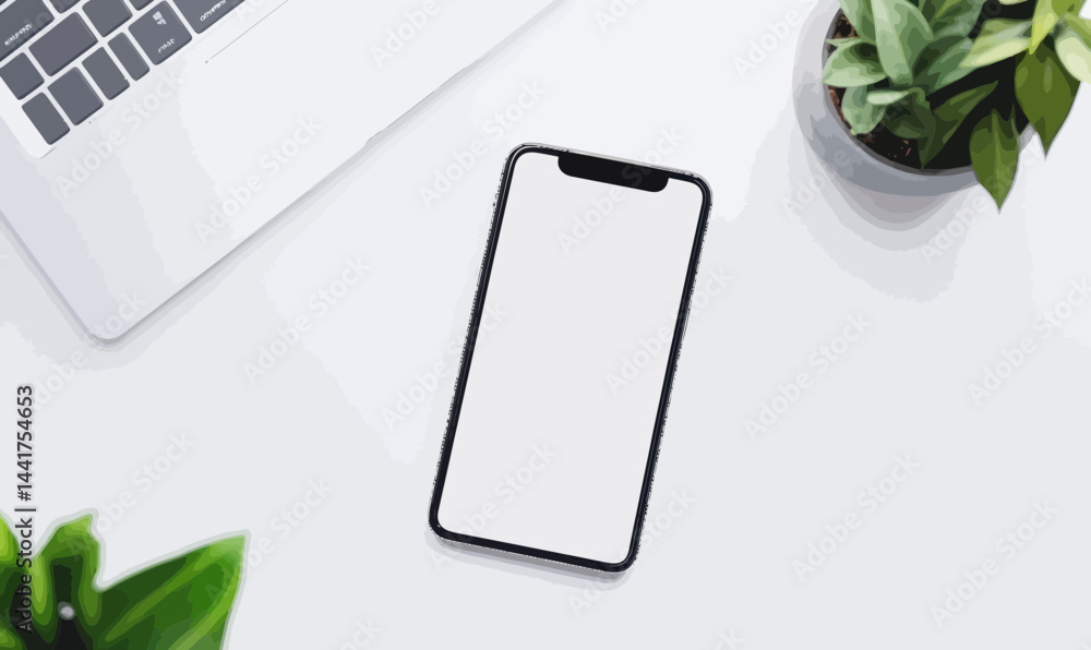 Poster minimalistic workspace with laptop and smartphone on white background for design mockups