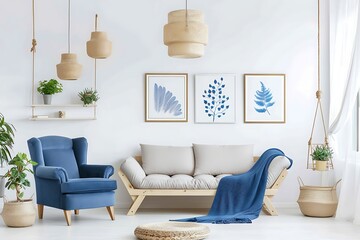 White sofa and blue armchair in living room with posters on the wall