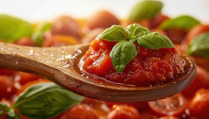 close-up of a wooden spoon holding chunky tomato sauce garnished with fresh basil leaves and sprinkled with coarse salt, conveying freshness and appetizing flavors